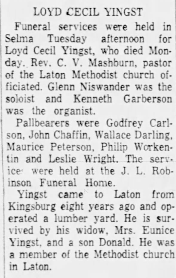 Obituary for LOYD CECIL Yingst